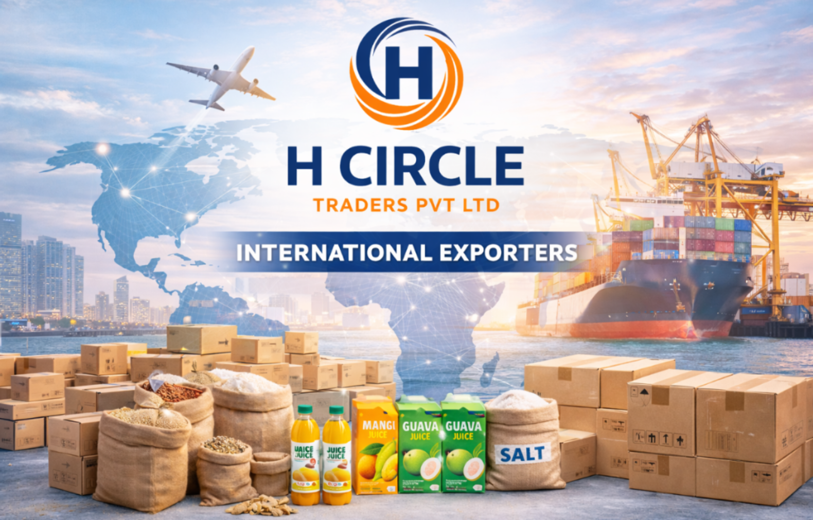 H Circle Traders Pvt Ltd advertisement with shipping containers, airplane, and cargo on a world map background.